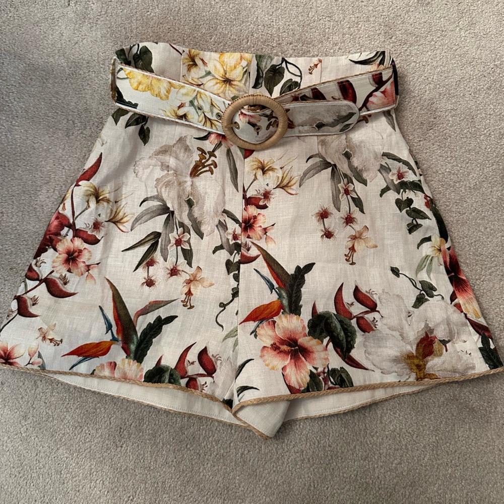ZIMMERMAN Lexi Floral-Print Linen Shorts Size 0